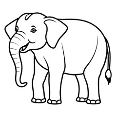 Fototapeta premium Cartoon elephant vector in black outline. Features big ears, a curly trunk, and a smiling face. Perfect for coloring pages, nursery prints, stickers, posters, printables, baby shower invites 