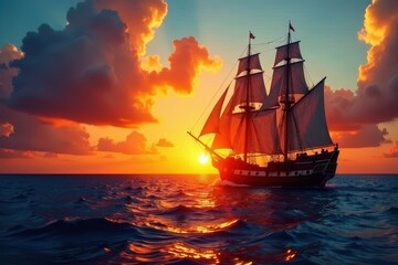 Fototapeta premium Spanish galleon gliding effortlessly into a vibrant orange glow of a setting sun on the vast blue waters , sailing ship, sunset