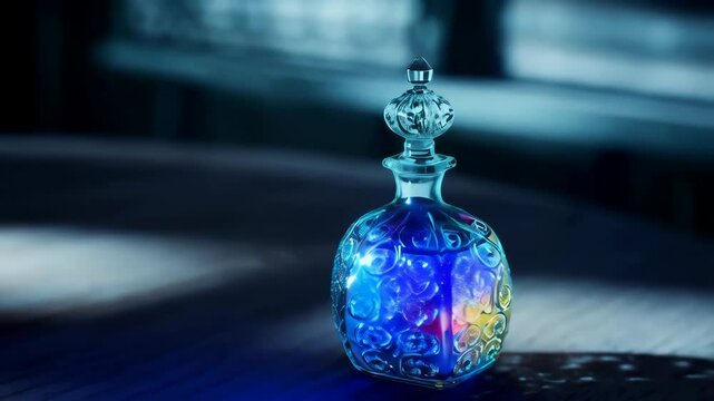 Ornate glass decanter filled with colorful liquid sits on a polished wood surface under a cool light