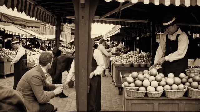 Historical marketplace bustling with merchants and customers