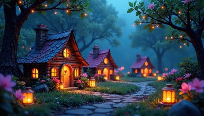 Fototapeta premium Sparkling fairy homes surrounded by twinkling lanterns, magic, whimsical