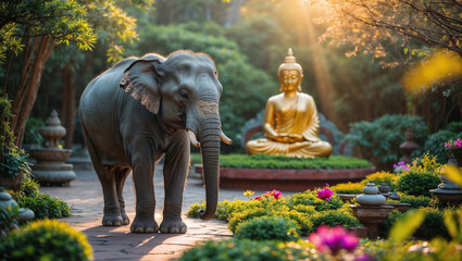 majestic elephant in zen garden with flowers and gold statue of buddha, buddhism and sacred animal concept 