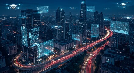 Fototapeta premium Aerial night cityscape with data visualizations
