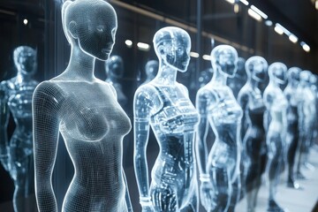 a virtual fashion designer using AI to create customizable clothing patterns, displayed on digital mannequins -- 