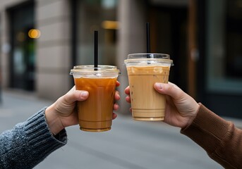 Two hands holding iced coffee beverages outdoors