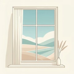 Fototapeta premium Window view illustration in minimalist flat style, pastel blue, beige, and cream, representing scenic outlook and home interior with copy space