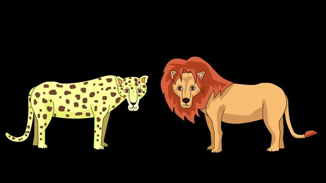 Animated video of a leopard and a lion on a black background, art.