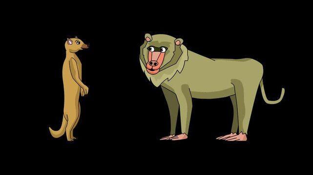 Animated video of a monkey and a meerkat on a black background, art.