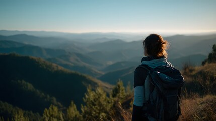 Freedom at the Summit: Woman Enjoying Mountain Landscape View at Dusk