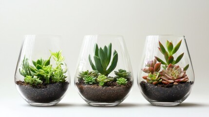 Three succulent plants in glass vases.