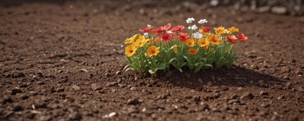 Close-up view of newly planted flowers in rich soil,  soil,  flora