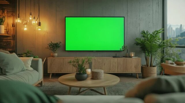 Modern Cozy Living Room: A stylish living room featuring a modern aesthetic, incorporating a large flat-screen TV with a vibrant green screen and lush greenery, set against a backdrop of warm.