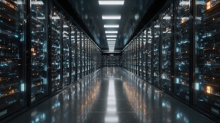 Fototapeta premium Shot of Data Center With Multiple Rows of Fully Operational Server Racks. Modern Telecommunications, Cloud Computing, Artificial Intelligence, Database, Super Computer Technology Concept.