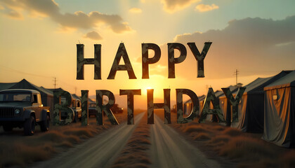 4K Military-Themed Happy Birthday Message at Sunset in Army Camp with Camouflage Text and Vintage Vehicles. Patriotic Outdoor Celebration Scene.
