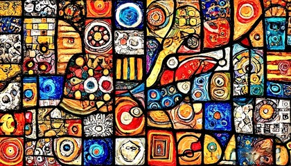 Fototapeta premium Colorful abstract mosaic pattern with artistic symbols and textures 