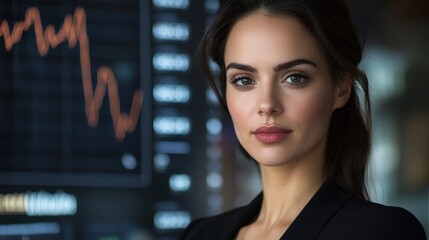 A focused business professional stands in an office, looking confidently at the camera. Behind her, stock market graphs and data displays reflect the dynamic environment of finance