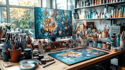 Naklejka premium Artist's Studio: A Vibrant Workspace Filled with Color and Creativity