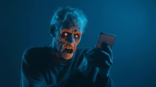 Decaying zombie male with luminous eyes, scrolling smartphone in shadowy environment against isolated blue background, embodying post apocalyptic digital communication nightmare
