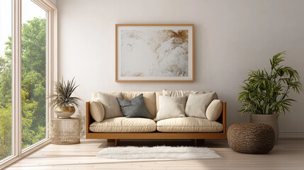 Horizontal digital frame mockup above couch, modern boho living room, daylight through big window, soft textures

