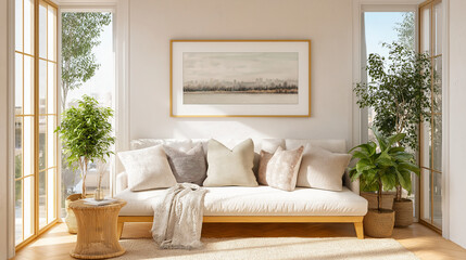 Horizontal digital frame mockup above couch, modern boho living room, daylight through big window, soft textures

