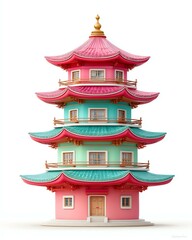 Vibrant Pagoda in Full View: A colorful, whimsical pagoda stands tall, its multi-tiered structure showcasing intricate architectural details and symbolic design