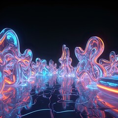 The image depicts a digital rendering of an abstract, translucent, and organic-looking structure resembling a group of fluid, organic forms floating on a reflective surface, set against a dark backdro