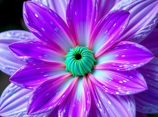 Obraz premium Purple and Green Flower: A close-up of a delicate purple flower with a striking green center, showcasing the intricate details and vibrant hues of nature. Each petal is a canvas of color.