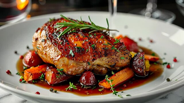 Coq au vin simmering in red wine with vegetables