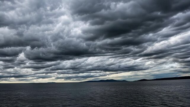 Dramatic storm clouds rolling over calm ocean horizon capturing natural beauty
