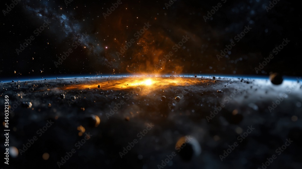 Sticker an extraordinary display of a cosmic explosion illuminates the dark void of space. debris and celest
