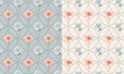 Seamless floral pattern with stylized flower buds and elegant leaves arranged in a symmetrical, repeating design. Suitable for fabric design, wallpaper, wrapping paper, and digital backgrounds