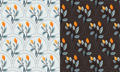 Seamless floral pattern with stylized flower buds and elegant leaves arranged in a symmetrical, repeating design. Suitable for fabric design, wallpaper, wrapping paper, and digital backgrounds
