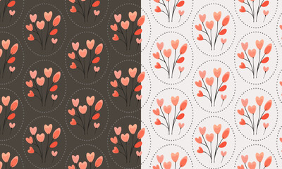 Seamless floral pattern with stylized flower buds and elegant leaves arranged in a symmetrical, repeating design. Suitable for fabric design, wallpaper, wrapping paper, and digital backgrounds