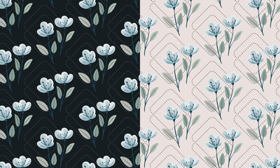 Seamless floral pattern with stylized flower buds and elegant leaves arranged in a symmetrical, repeating design. Suitable for fabric design, wallpaper, wrapping paper, and digital backgrounds