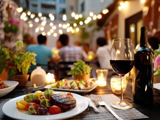 Evening dinner gathering outdoor setting food and drink cozy atmosphere relaxed view culinary experience