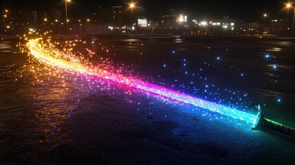 Neon Sword Trails Across City Pavement
