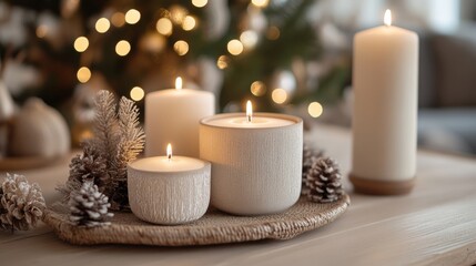 Burning wax candles on woven tray creating cozy winter holiday atmosphere