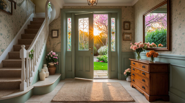 entry space in vintage style sage green door soft beige walls antique cabinet stairway garden backdrop cozy charm warm home aesthetic home Interior design