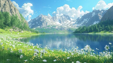 A tranquil lake nestled among towering mountains showcases their reflection. Colorful wildflowers bloom in the foreground, creating a picturesque landscape under a clear blue sky