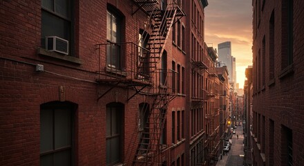 Fototapeta premium Urban landscape of New York City with old brick buildings at sunset