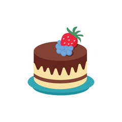 A Rich Chocolate Cake with Dripping Frosting, Strawberry, and Blueberries on a Plate