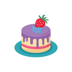 A Colorful Layered Cake with Purple Frosting and Three Strawberries on a Plate