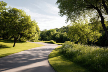 Fototapeta premium serene park trail winding through lush green trees bathed in soft morning light
