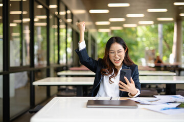 Happy and excited young Asian woman after discussing successful project at work and working concept...
