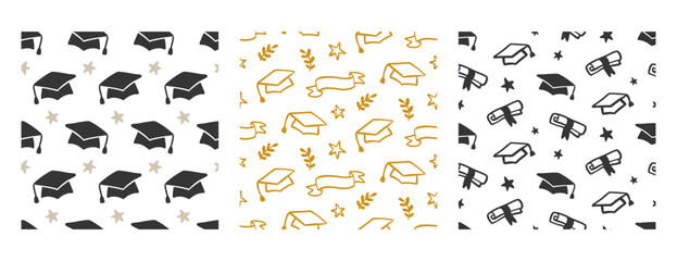 Bachelor Graduation Cap Seamless Patterns Set