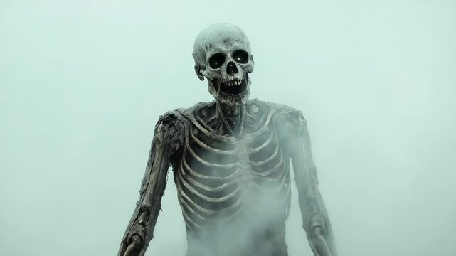 Skeletal figure materializing through dense fog, symbolizing decay and haunting presence in desolate post apocalyptic landscape, generating profound sense of terror