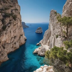 Cliffs that proudly rise above the calm, blue sea. Waves gently crash against the rocky coastline, creating picturesque landscapes full of nature and tranquility.