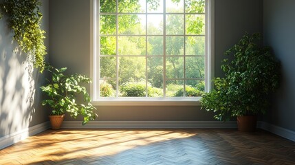 Fototapeta premium Sunlit Room with Greenery and Large Window