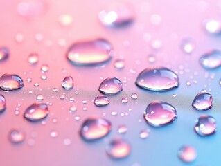 Water droplets on pink and blue gradient surface macro abstract background