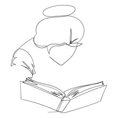 continuous line of woman covering face with book. Single line vector of woman posing with book.